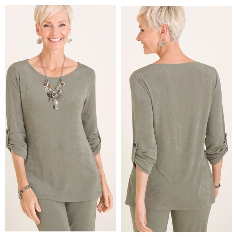 Chico’s Travelers Forest Sage Slinky Roll Sleeve Pullover Tunic Top Sz M Travel